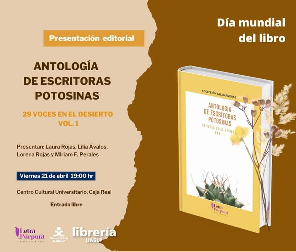 Leve diapositiva Justicia Se invita a la presentación de la Antología de Escritoras Potosinas, 29  Voces en el desierto Vol. 1